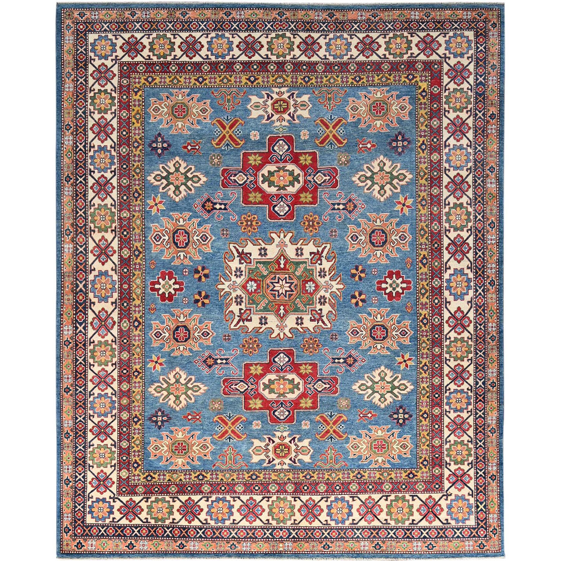 Steel Blue With Vibrant Border, Smooth And Shiny Wool, Natural Dyes, Supple Collection,  Hand Knotted Kazak Design With Tribal Medallions, Oriental Rug
